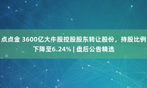 点点金 3600亿大牛股控股股东转让股份，持股比例下降至6.24% | 盘后公告精选
